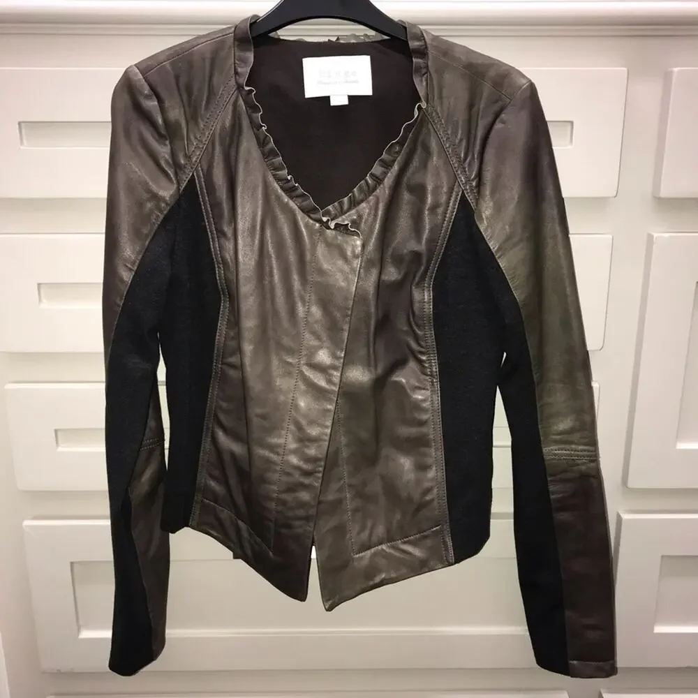HINGE Ruffle Neck Leather Jacket Small - Picture 4 of 8